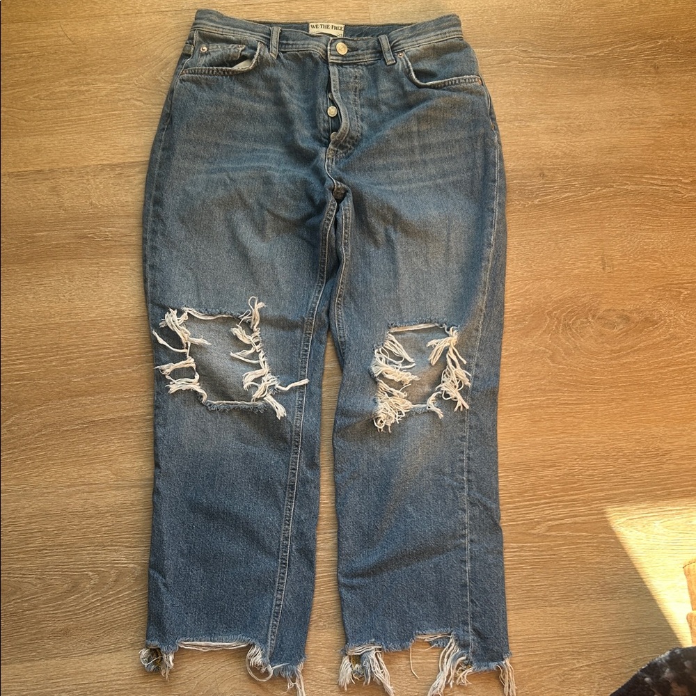 We The Free Blue Distressed Straight Leg Jeans